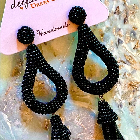 NWT Anthropologie Deepa Beaded Black Hoop Chandeliers - Picture 3 of 16